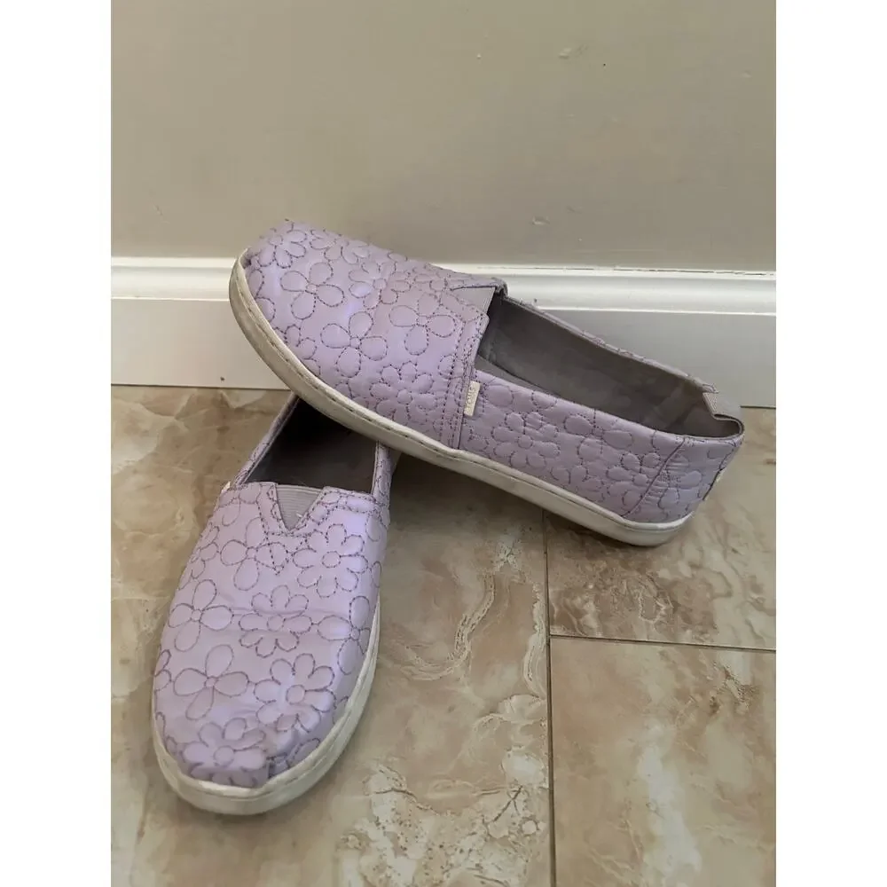 Toms Youth 5 Misty Lilac Iridescent Quilted Daisy Alpargata Shoes Fits W 6.5